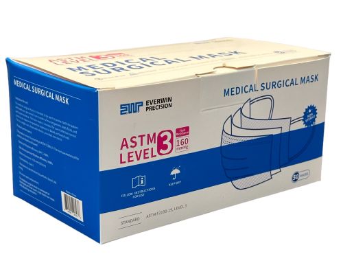"Disposable Face Mask,Bx/50 w/EarLoops,3-Ply,Level 3, Blue"