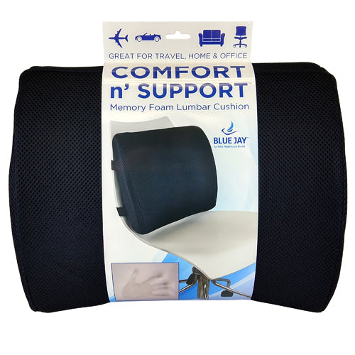 "Lumbar Cushion w/Straps, Black Memory Foam - Blue Jay"